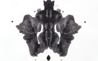 An abstract black inkblot on a white background, resembling a symmetrical, mirrored shape. The design features bold, organic forms that could be interpreted as a variety of different images by the viewer.