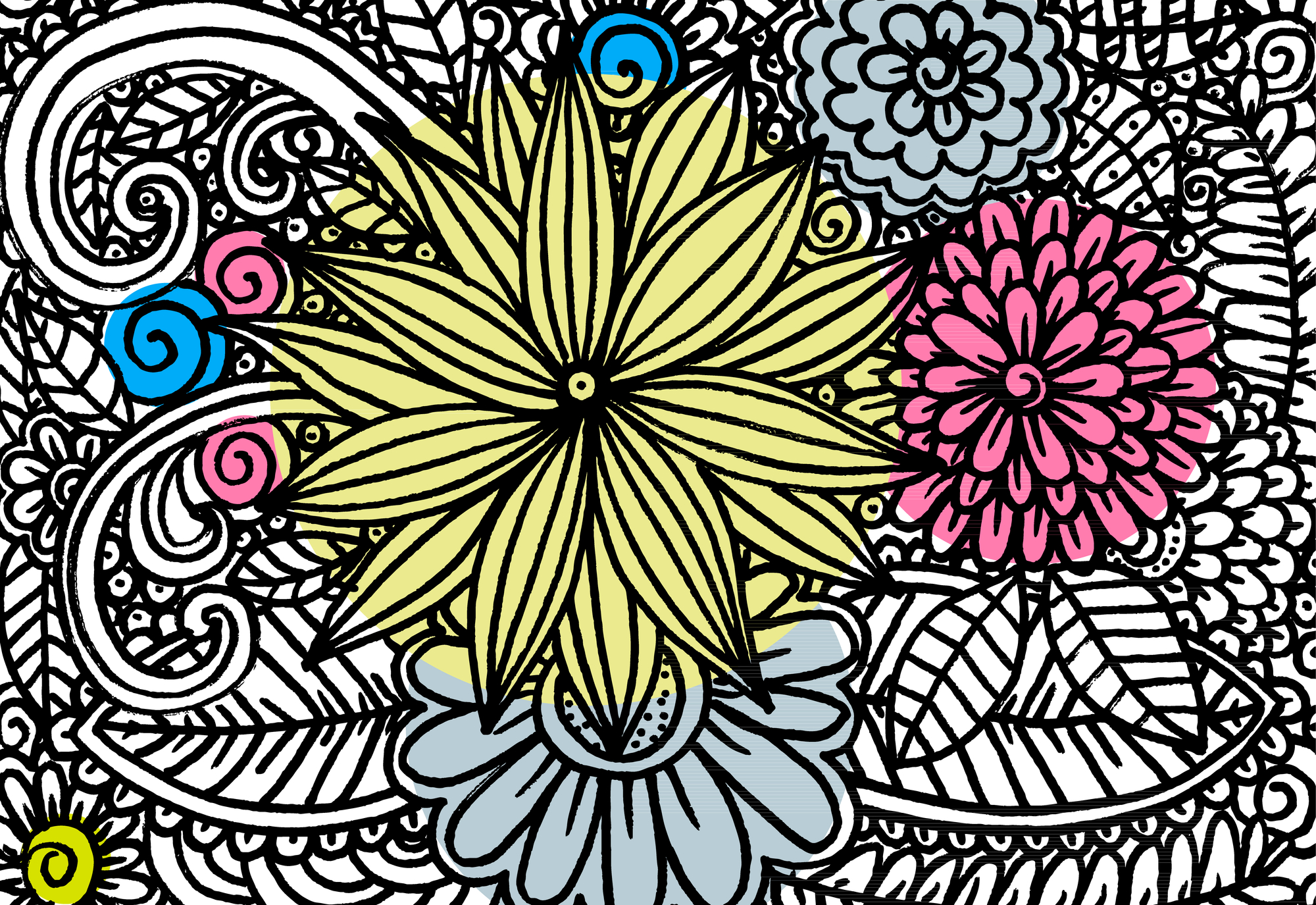 Intricate line art illustration featuring large, colorful flowers with yellow, pink, and blue petals surrounded by swirling and leafy patterns in black and white.