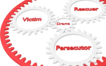 Illustration of interconnected gears labeled "Victim," "Rescuer," "Persecutor," and "Drama" in a red and white color scheme, representing the drama triangle concept.