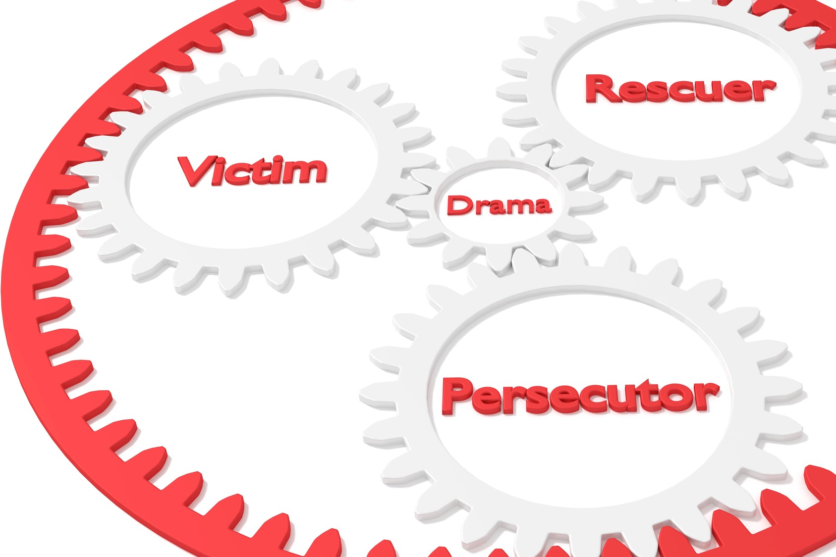 Illustration of interconnected gears labeled "Victim," "Rescuer," "Persecutor," and "Drama" in a red and white color scheme, representing the drama triangle concept.