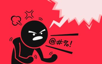 Illustration of an angry figure on a red background, clenching fists and furrowing eyebrows. Speech bubble with symbols like @, #, %, indicating swearing or shouting. Steam rises from the head, accentuating the figure's anger.