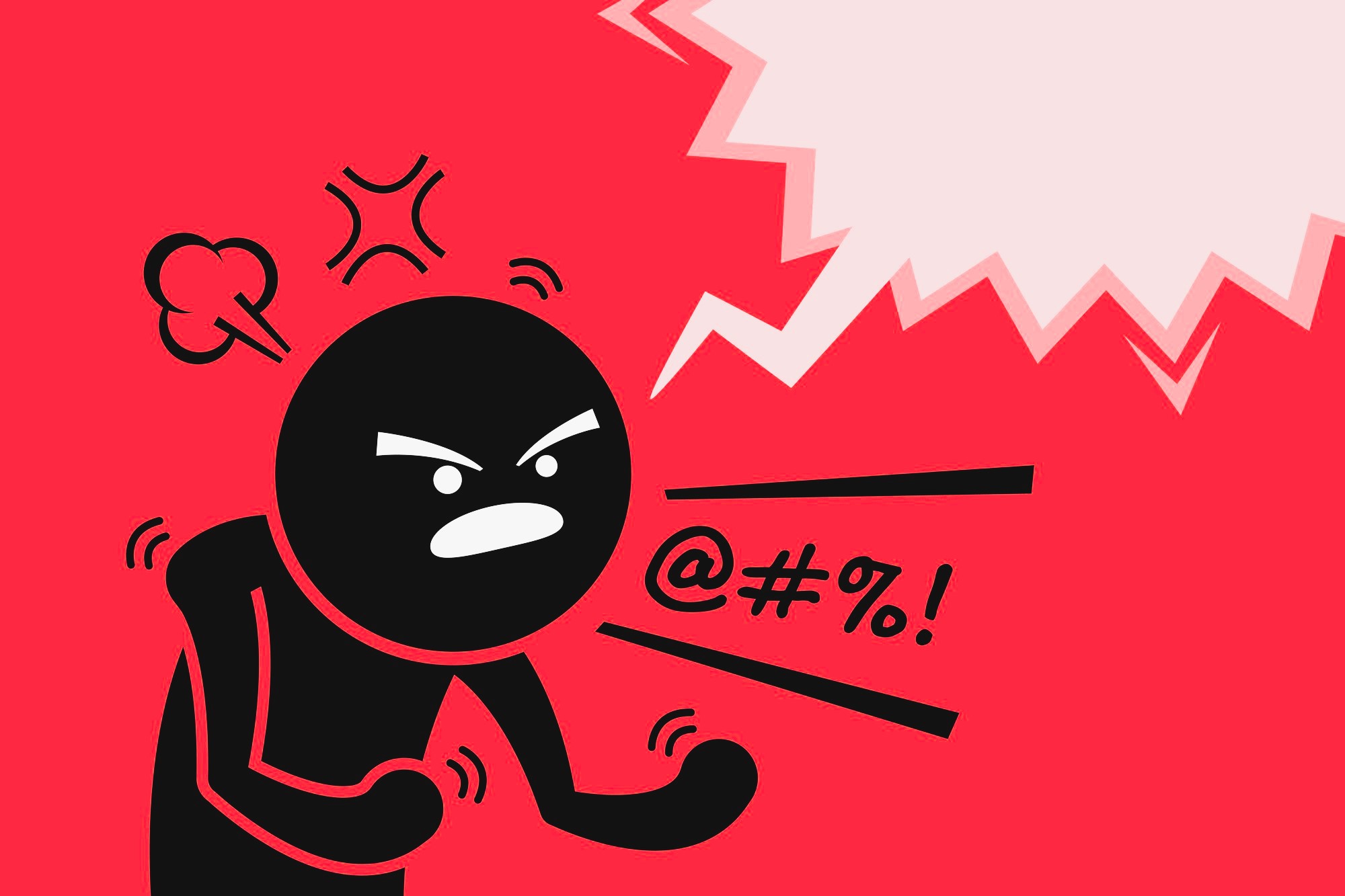 Illustration of an angry figure on a red background, clenching fists and furrowing eyebrows. Speech bubble with symbols like @, #, %, indicating swearing or shouting. Steam rises from the head, accentuating the figure's anger.