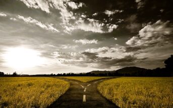 A dramatic sepia-toned image shows a narrow road splitting into two under a partly cloudy sky. The sun is setting on the horizon, casting a warm glow over the expansive, grassy fields on either side of the road.