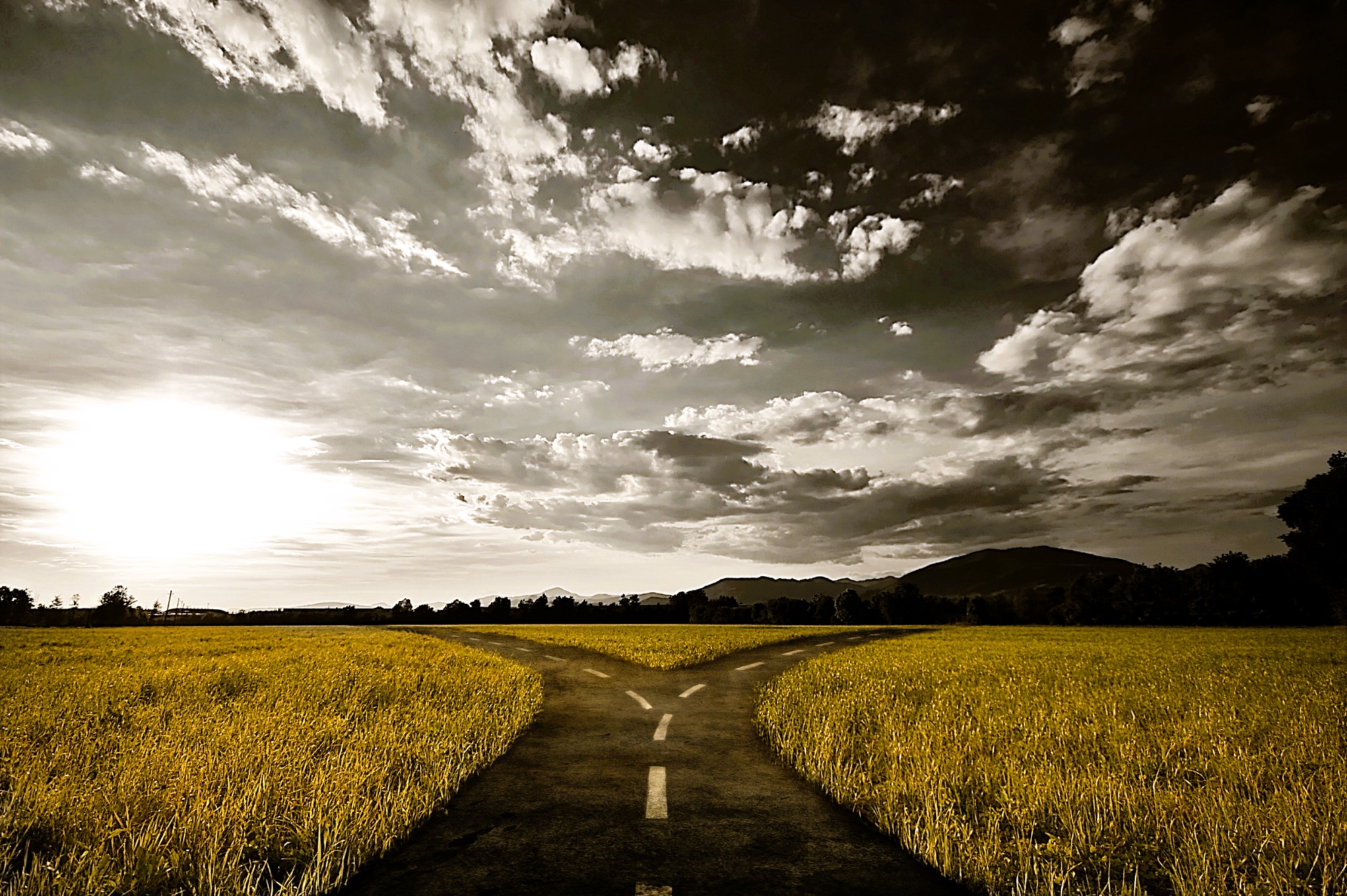 A dramatic sepia-toned image shows a narrow road splitting into two under a partly cloudy sky. The sun is setting on the horizon, casting a warm glow over the expansive, grassy fields on either side of the road.