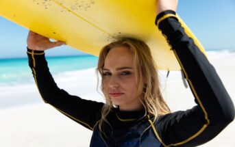 A woman on a beach holds a yellow surfboard above her head. She's wearing a black wetsuit with yellow accents, and the ocean is visible in the background under a clear blue sky.