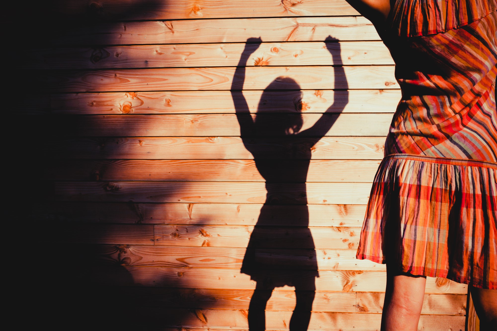 A person in a striped dress is partially visible on the right side, casting a shadow on a wooden wall. The shadow shows the person with arms raised, creating a playful, dynamic scene under warm lighting.