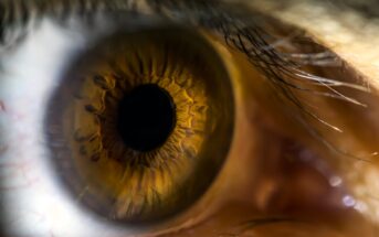 Close-up photo of a human eye with a golden-brown iris and a black pupil. The intricate patterns in the iris are visible, with reflections of light on the eye, surrounded by eyelashes and skin.