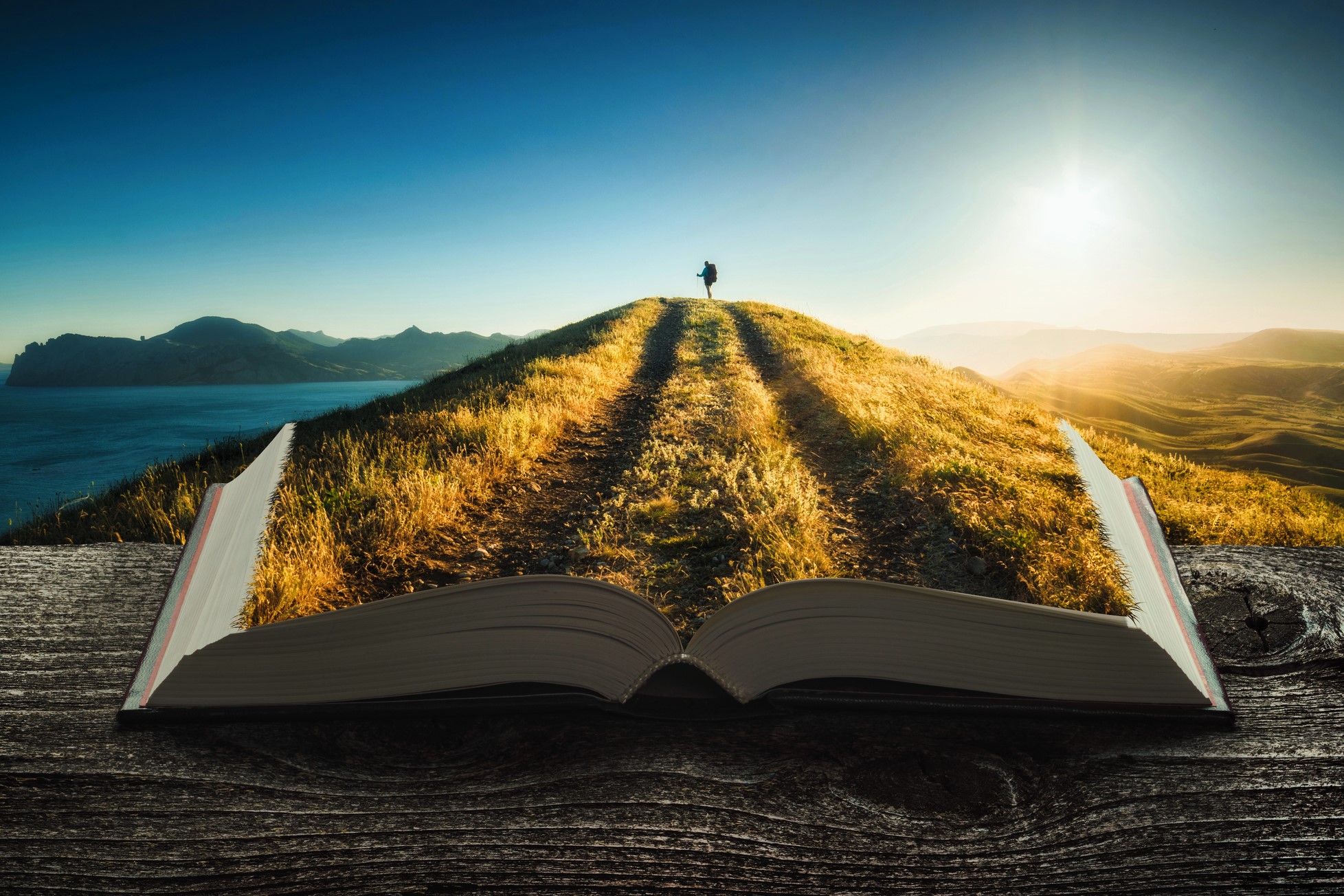 An open book on a wooden surface, with pages transforming into a grassy path leading up a hill. A person stands at the peak, overlooking a landscape under a bright, clear sky. Sunlight casts long shadows along the path.