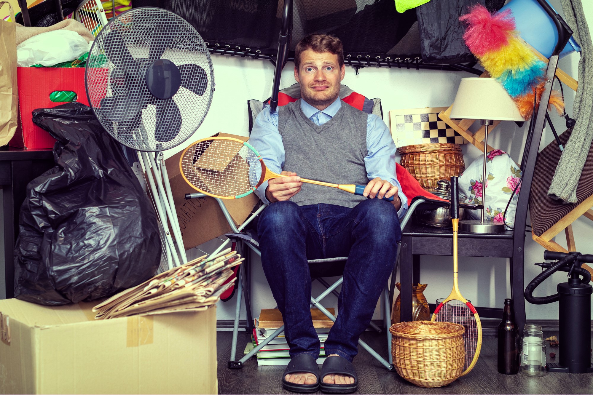 A man sitting in a cluttered space with various items around him, including a fan, badminton racket, wicker basket, colorful feather duster, and cardboard boxes. He wears a blue shirt, gray vest, and looks at the camera.