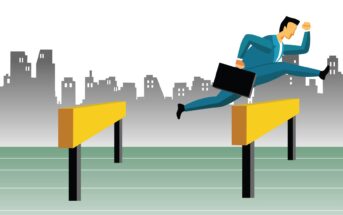 Illustration of a person in a suit jumping over hurdles while holding a briefcase. The background features a city skyline with grey buildings under a clear sky.