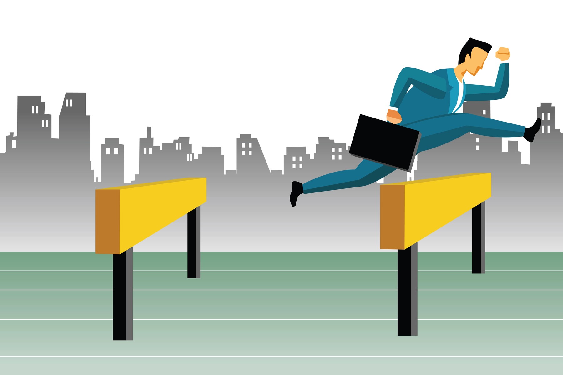 Illustration of a person in a suit jumping over hurdles while holding a briefcase. The background features a city skyline with grey buildings under a clear sky.