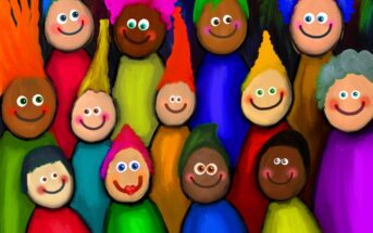 A colorful illustration of cartoon-style figures with diverse skin tones and bright clothing. Each has a unique hairstyle and a cheerful smile, creating a lively and joyful atmosphere.