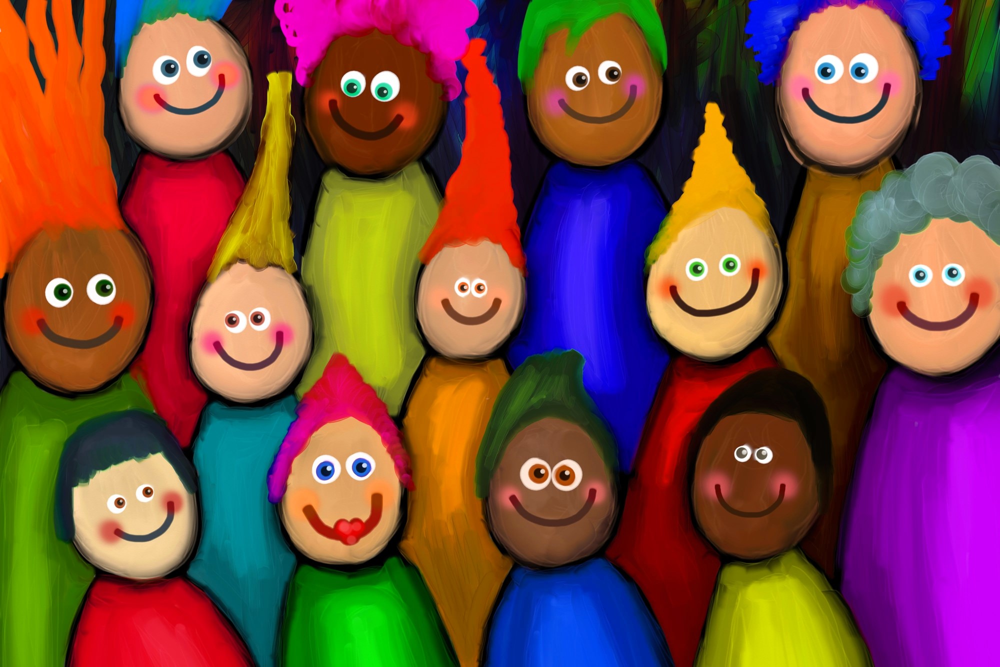 A colorful illustration of cartoon-style figures with diverse skin tones and bright clothing. Each has a unique hairstyle and a cheerful smile, creating a lively and joyful atmosphere.