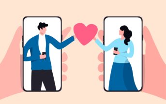 Illustration of a man and woman standing in two separate smartphones, reaching out with a pink heart connecting them. Each holds a phone in their other hand. The background is light beige.