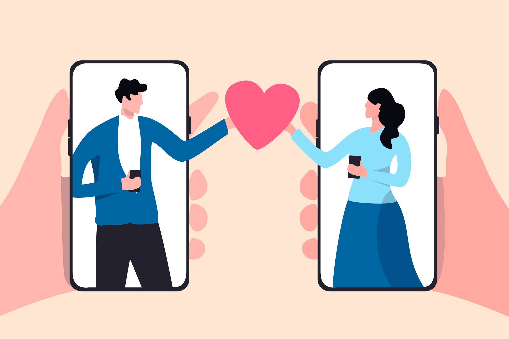 Illustration of a man and woman standing in two separate smartphones, reaching out with a pink heart connecting them. Each holds a phone in their other hand. The background is light beige.