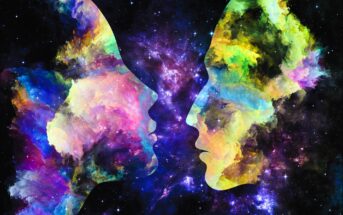 Two abstract human profiles facing each other against a cosmic background. The profiles are filled with vibrant swirls of color, including green, yellow, pink, and blue, creating a nebula-like effect, with the starry universe in the background.