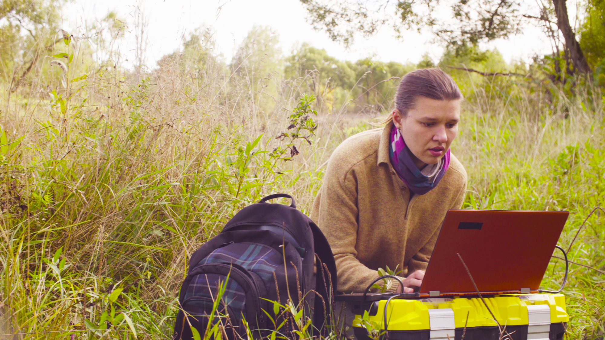 A person in a brown sweater and scarf sits in a grassy field, working on a laptop placed atop a yellow and black box. A black backpack is on the ground nearby. Trees and tall grasses surround the area, suggesting a remote or natural outdoor setting.