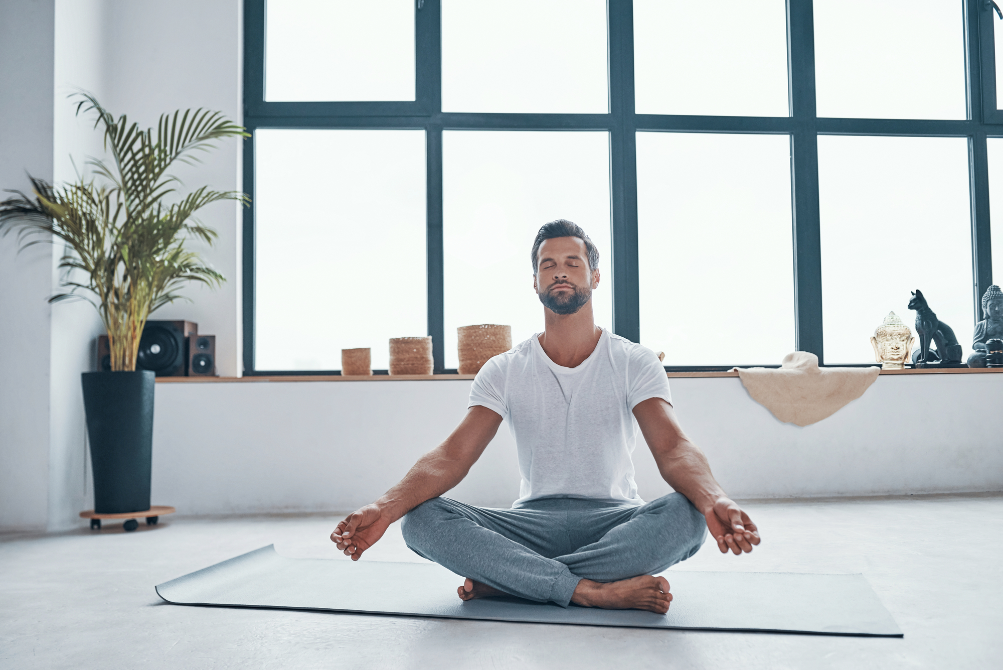 A man with closed eyes sits cross-legged on a yoga mat in a bright, spacious room with large windows. He wears a white T-shirt and gray pants, practicing meditation. The background includes potted plants, decorative items, and a calm atmosphere.