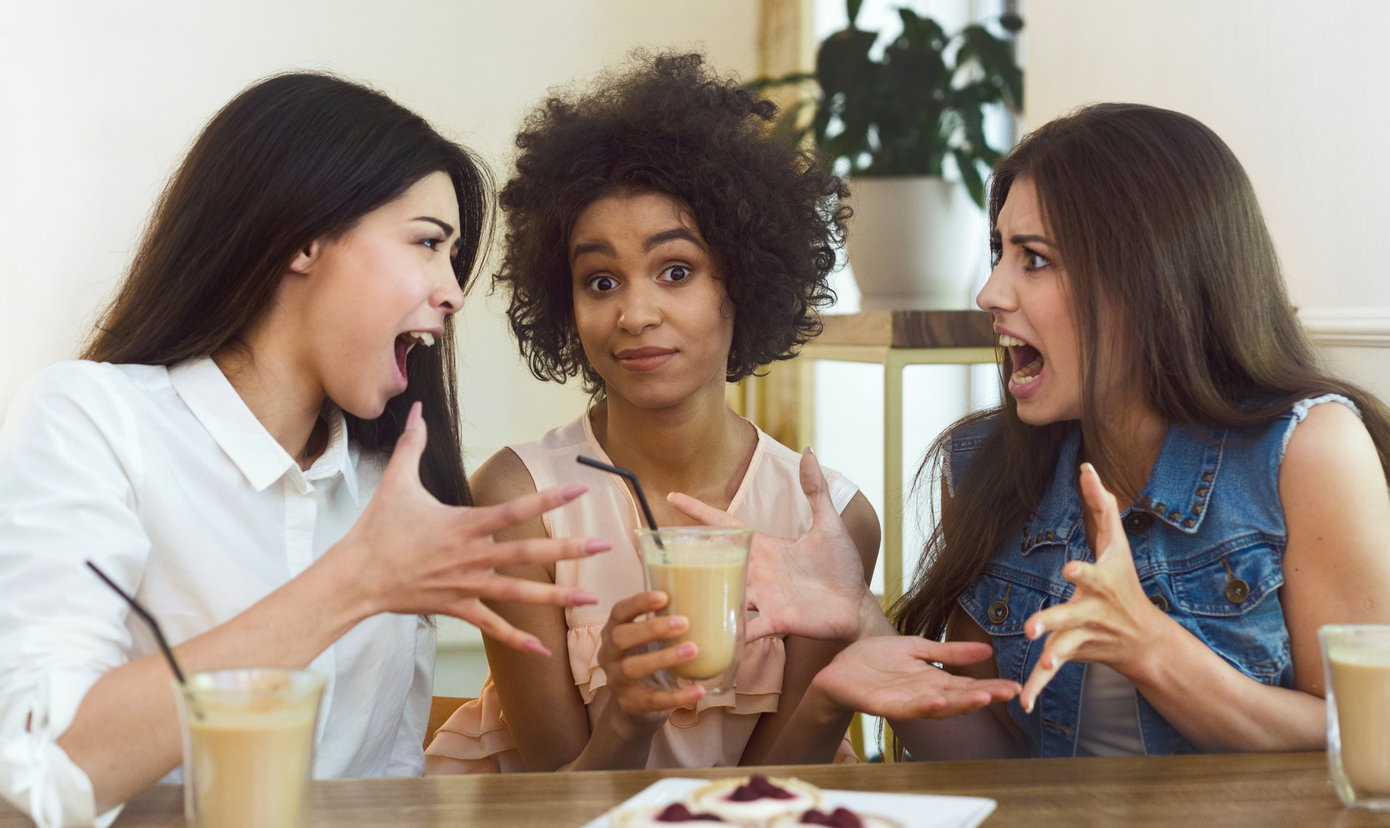 Three women sit at a table with drinks, engaged in an animated conversation. The woman in the middle looks directly at the camera with a calm expression while the other two, on either side, gesture energetically toward each other. A potted plant is in the background.