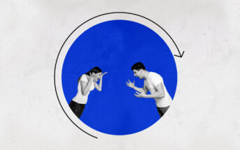 A man and woman appear to be arguing, with the woman shielding herself by raising her arms and the man extending his arms outward as he talks. They are enclosed within a blue circular shape, which is bordered by an arrow, suggesting a cycle or recurring pattern.