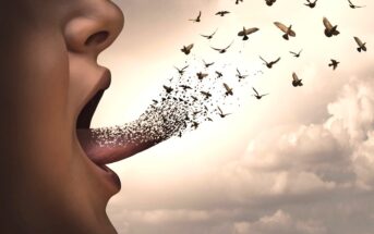 A surreal image shows a person's mouth open, with their tongue extending out and transforming into a flock of birds flying away. The sky in the background is filled with clouds, creating a dreamlike atmosphere.