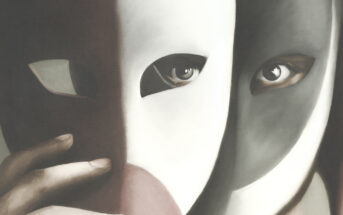 A close-up of a person's face partially concealed by two masks. The left mask is white, featuring an eye hole that reveals the person's left eye. The right mask is black and partially obscures the person's face, highlighting the right eye through its opening.