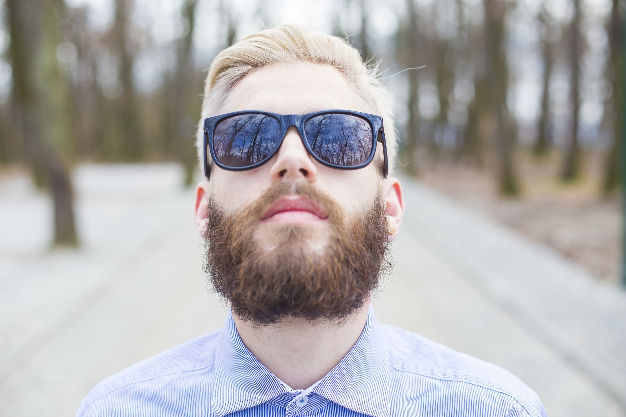 A man with blonde hair and a full beard is wearing black sunglasses and a light blue button-up shirt. He is standing on a path lined with trees, looking up towards the sky. The background is slightly blurred, showcasing a forested area.