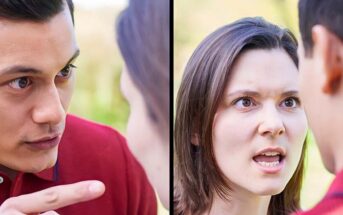 A split image shows two people in a heated argument. On the left, a man points his finger and looks seriously at the other person. On the right, a woman faces the man and appears to be shouting, with an angry expression. Both are wearing red shirts.
