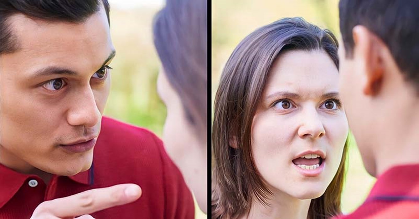 A split image shows two people in a heated argument. On the left, a man points his finger and looks seriously at the other person. On the right, a woman faces the man and appears to be shouting, with an angry expression. Both are wearing red shirts.