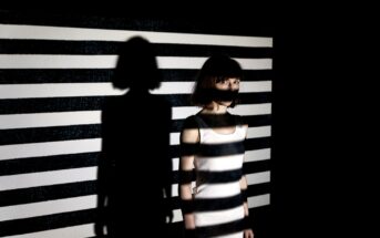 A woman stands against a background with horizontal black and white stripes. The lighting creates a shadow of the stripes across her face and body, blending her partially into the backdrop. Her full shadow is projected onto the striped wall.