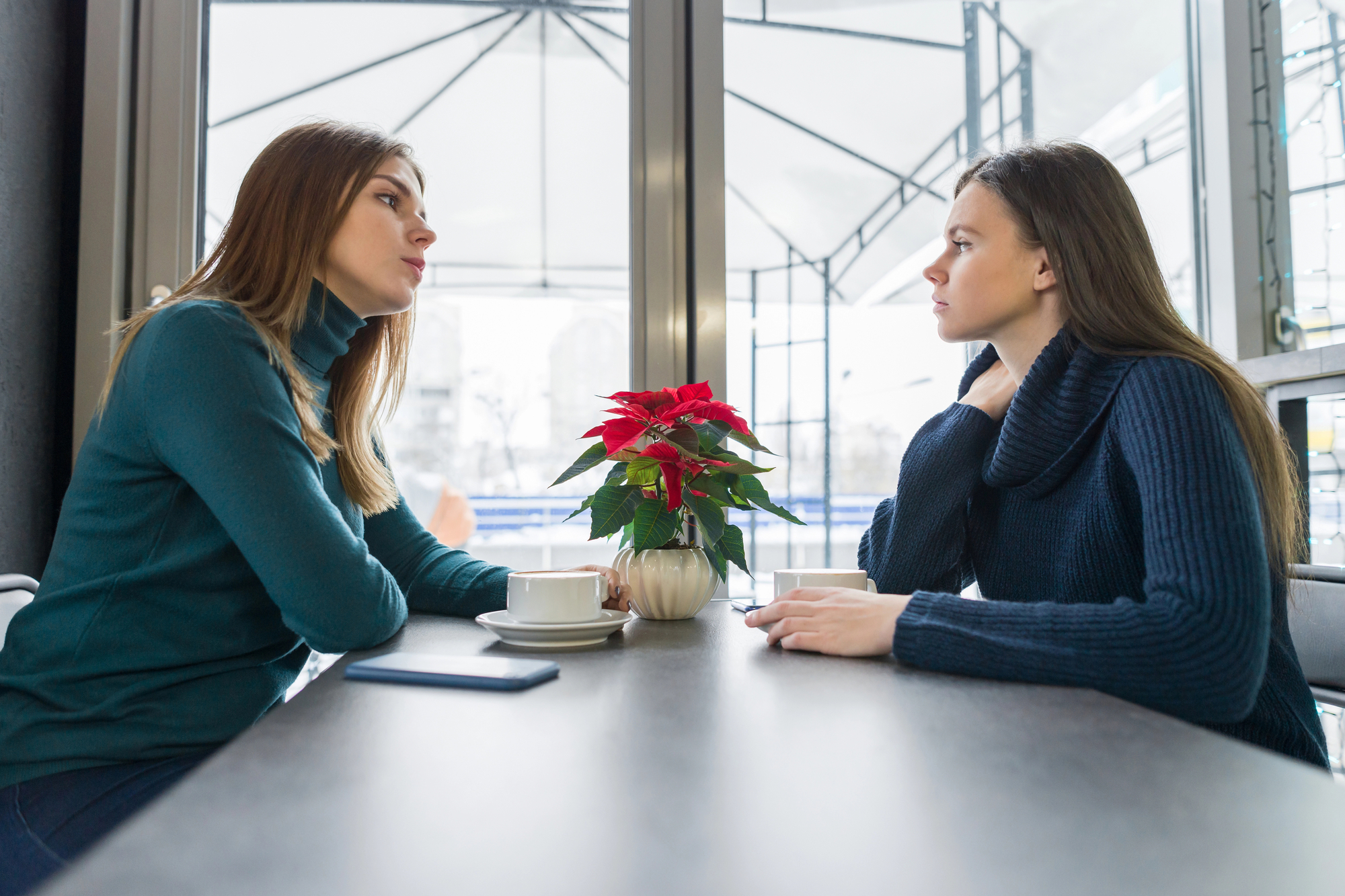 Two women sit across from each other at a table in a cafe, engaged in a serious conversation. Both are wearing sweaters. A potted poinsettia sits on the table between them, alongside two white coffee cups and a smartphone. Large windows are in the background.