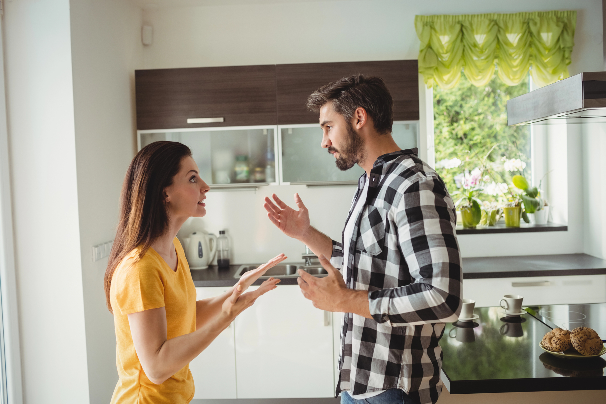 A woman in a yellow shirt and a man in a black and white checkered shirt are having a heated argument in a modern kitchen. The woman is gesturing with her hands while the man has his hands raised in explanation. The kitchen has a green curtain and modern decor.