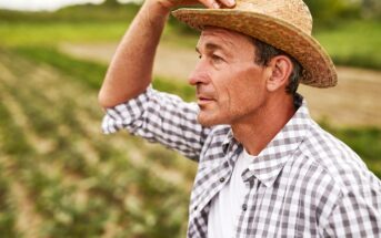 A man wearing a straw hat and a checkered shirt looks into the distance while standing in a field. The horizon is marked by rows of crops, suggesting a farming environment.