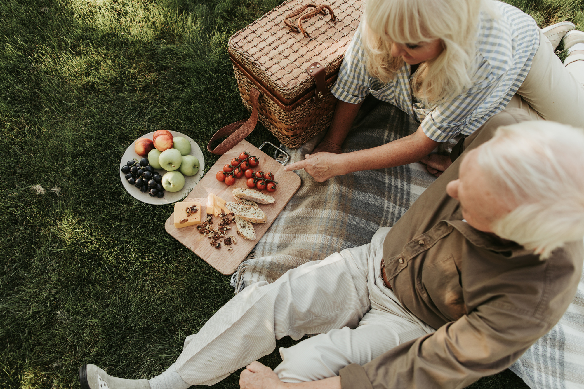 Two people having a picnic on a grassy area. A woman with blonde hair and a man with white hair are sitting on a blanket near a wicker picnic basket. A platter with fruits, cheese, and breadsticks is placed beside them.