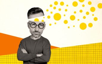 A man with a serious expression, wearing large round glasses and a casual long-sleeve shirt, stands with arms crossed. His head is split open, and yellow circles are coming out, suggesting thoughts or ideas. The background features orange and yellow geometric shapes.