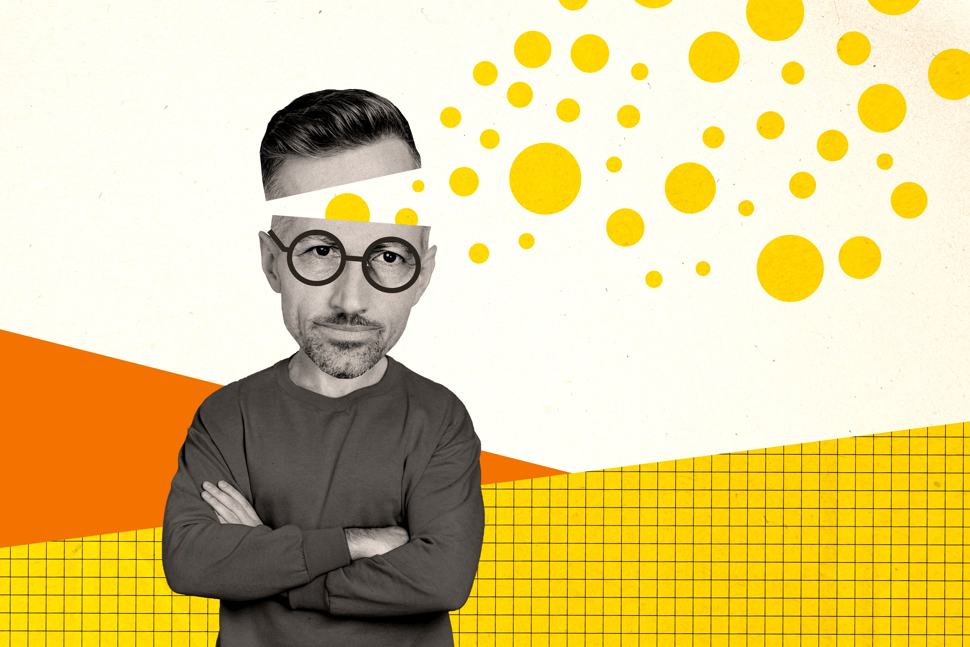 A man with a serious expression, wearing large round glasses and a casual long-sleeve shirt, stands with arms crossed. His head is split open, and yellow circles are coming out, suggesting thoughts or ideas. The background features orange and yellow geometric shapes.