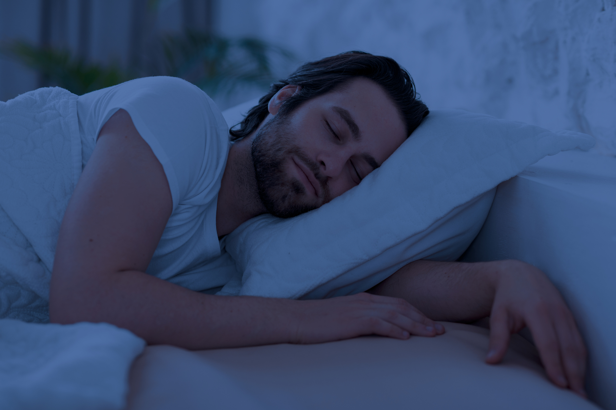 A person with dark hair and beard sleeps peacefully on a bed, lying on their side with a white pillow and blanket. The room has a calm blue hue, creating a serene nighttime atmosphere.