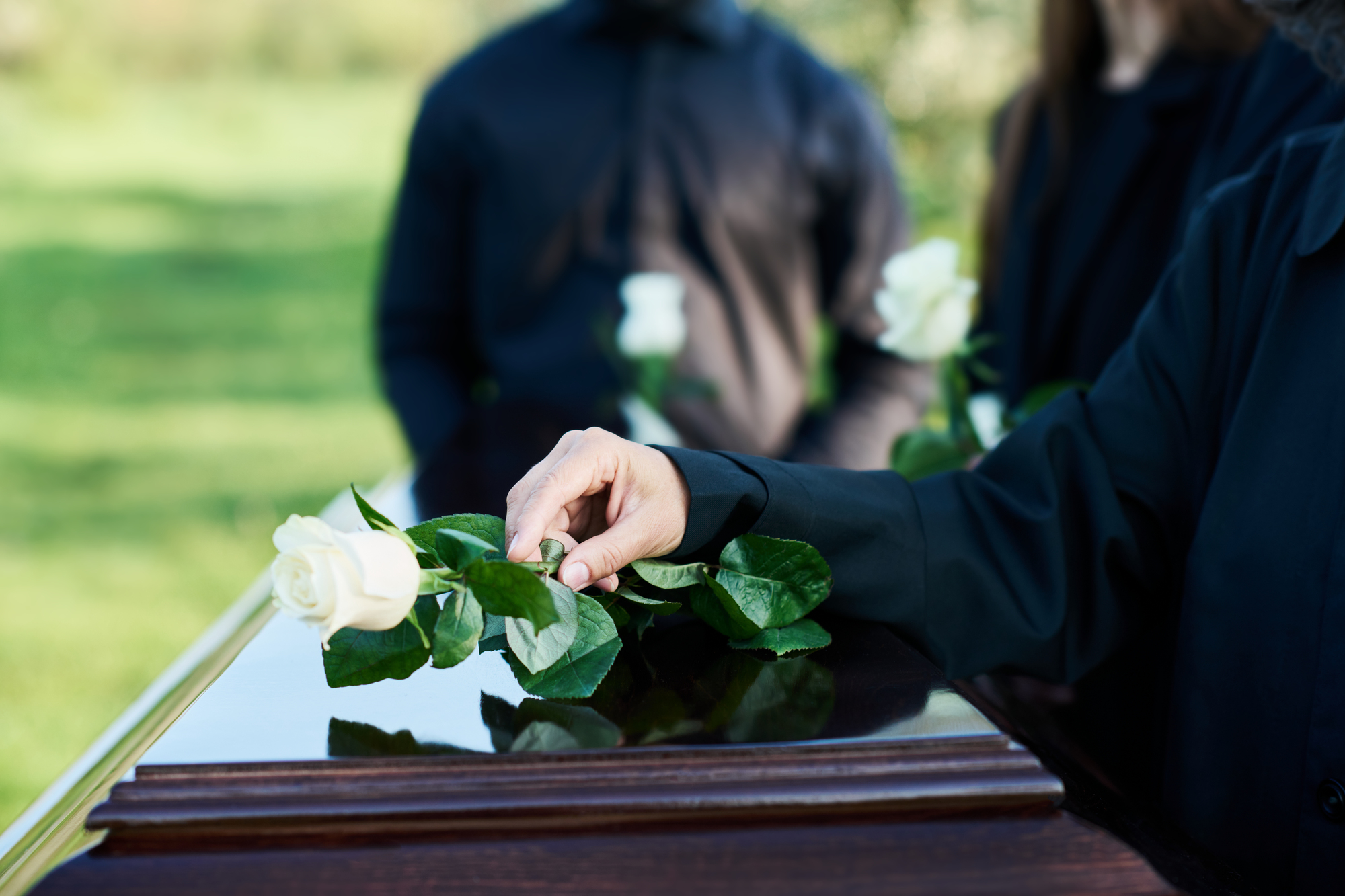 Close-up of a hand placing a white rose on a wooden coffin. The scene features individuals dressed in black standing in the background, holding white roses. The setting appears to be an outdoor funeral with greenery visible in the background.