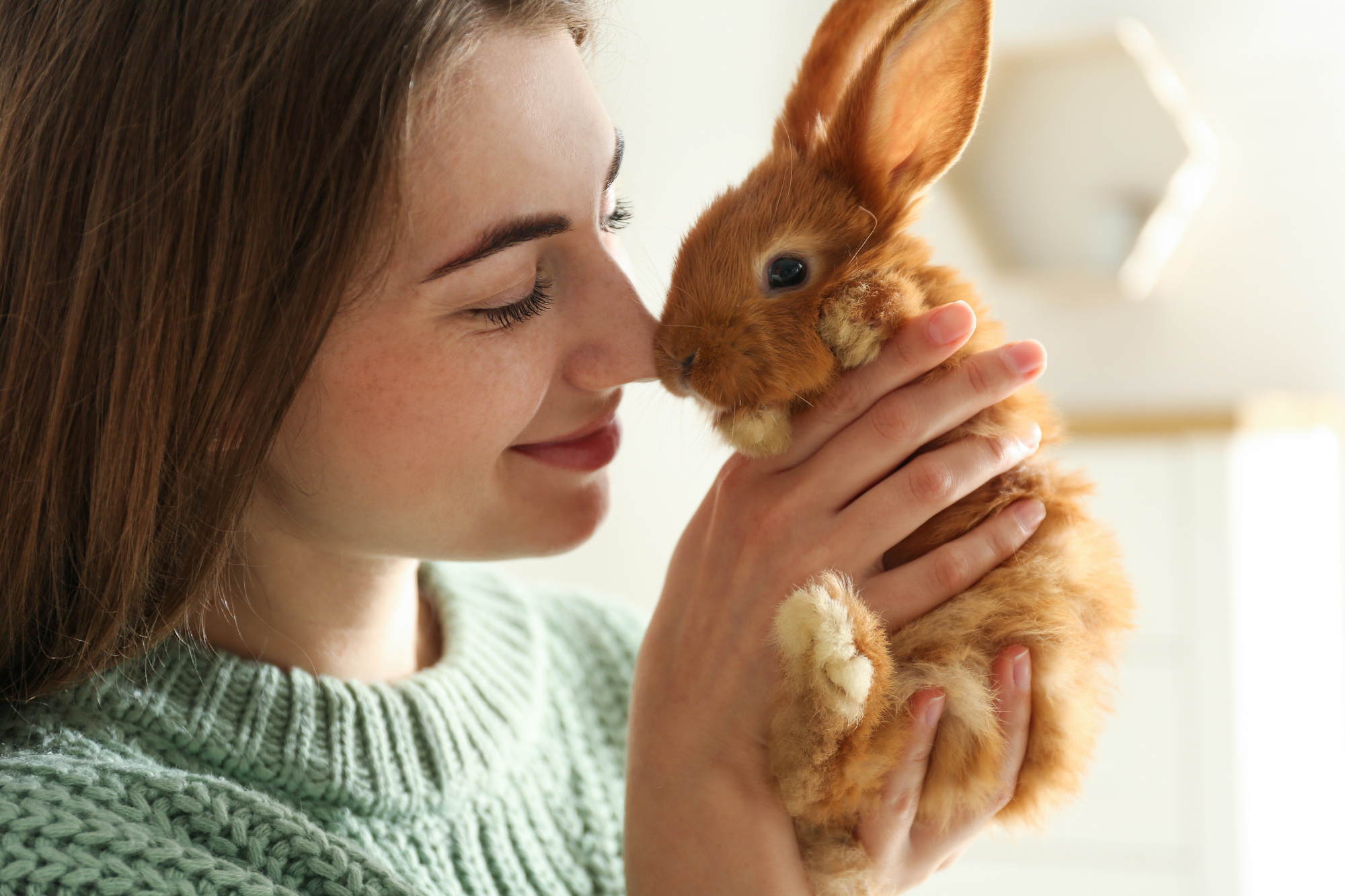 A woman with brown hair smiling and gently holding a fluffy brown rabbit close to her face. She is wearing a green knitted sweater and appears to be enjoying the affectionate moment with the pet. The background is softly blurred, focusing attention on the pair.