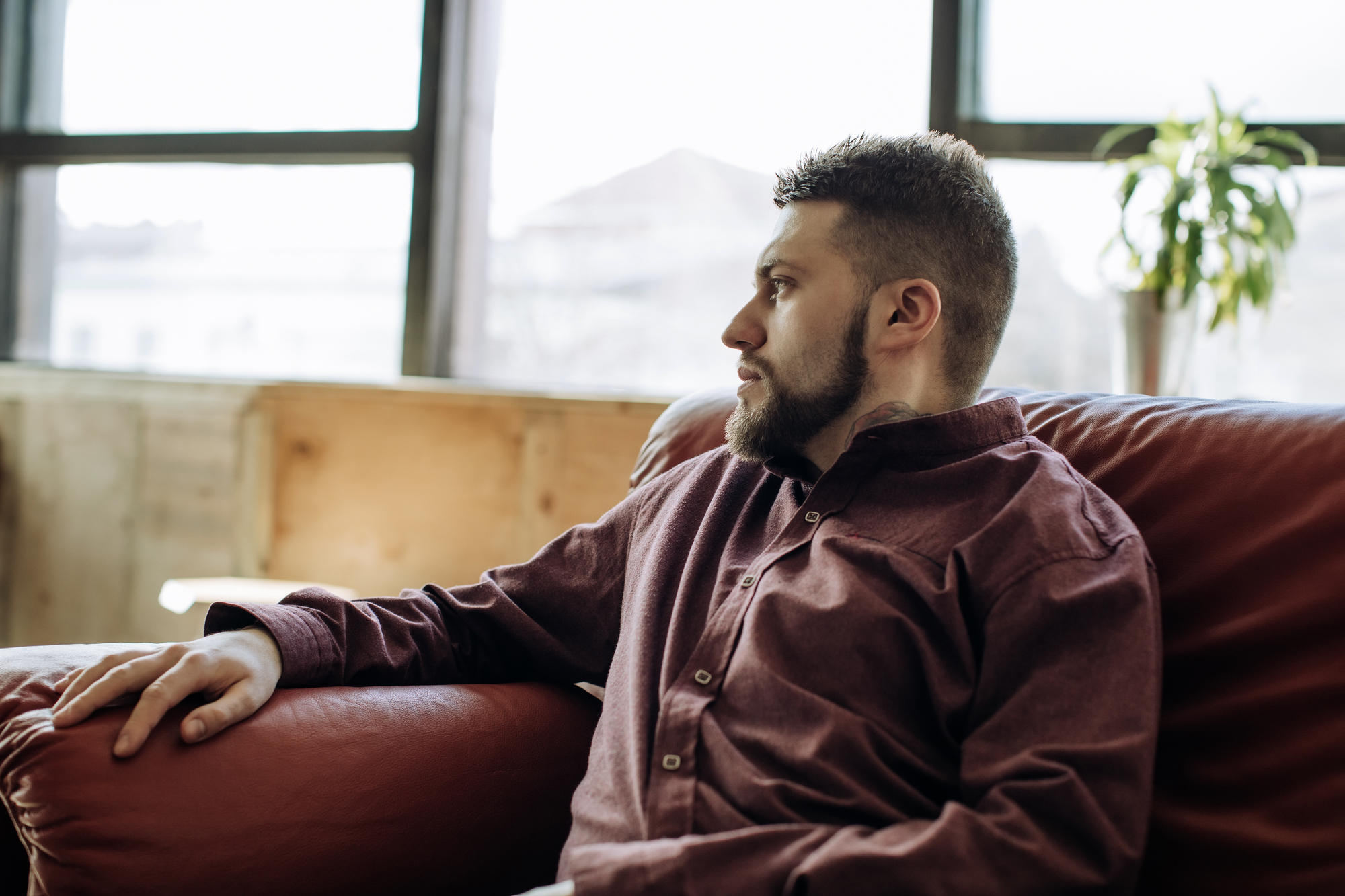 A man with a beard and short hair sits on a red leather couch, looking pensively out the window. He is wearing a maroon button-up shirt, and there is a potted plant in the background with large windows letting in natural light.