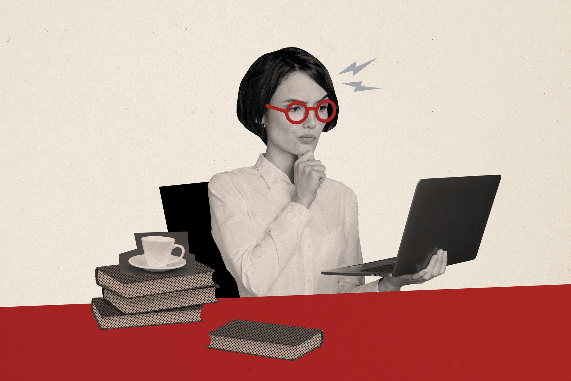 A woman with short black hair and red glasses sits at a red table, holding a laptop and resting her chin on her hand in a thinking pose. Three books and a white coffee cup sit stacked to her left, with one book lying open in front of her.