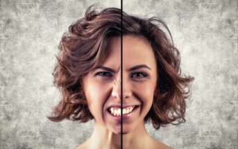 A split image of a woman showing contrasting emotions. The left side of her face appears angry and frustrated with a furrowed brow and half her mouth frowning, while the right side is smiling and happy, with relaxed features and a bright expression against a textured background.