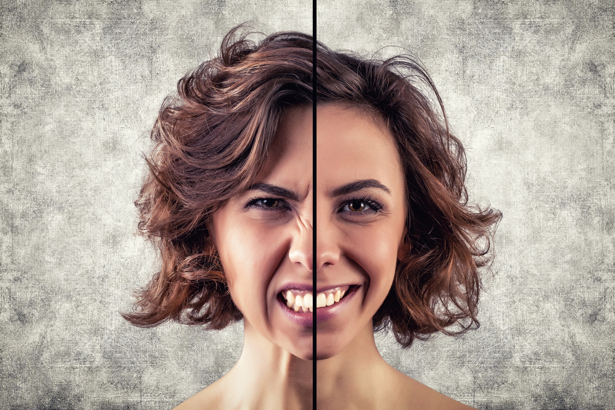 A split image of a woman showing contrasting emotions. The left side of her face appears angry and frustrated with a furrowed brow and half her mouth frowning, while the right side is smiling and happy, with relaxed features and a bright expression against a textured background.