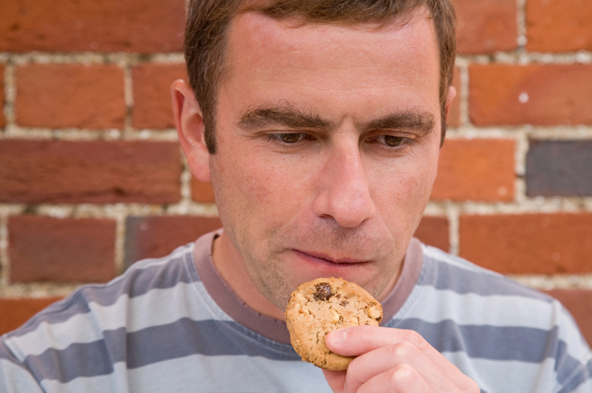 A man with short hair and a striped shirt is holding a chocolate chip cookie close to his mouth. He appears to be about to take a bite. The background is a red brick wall.