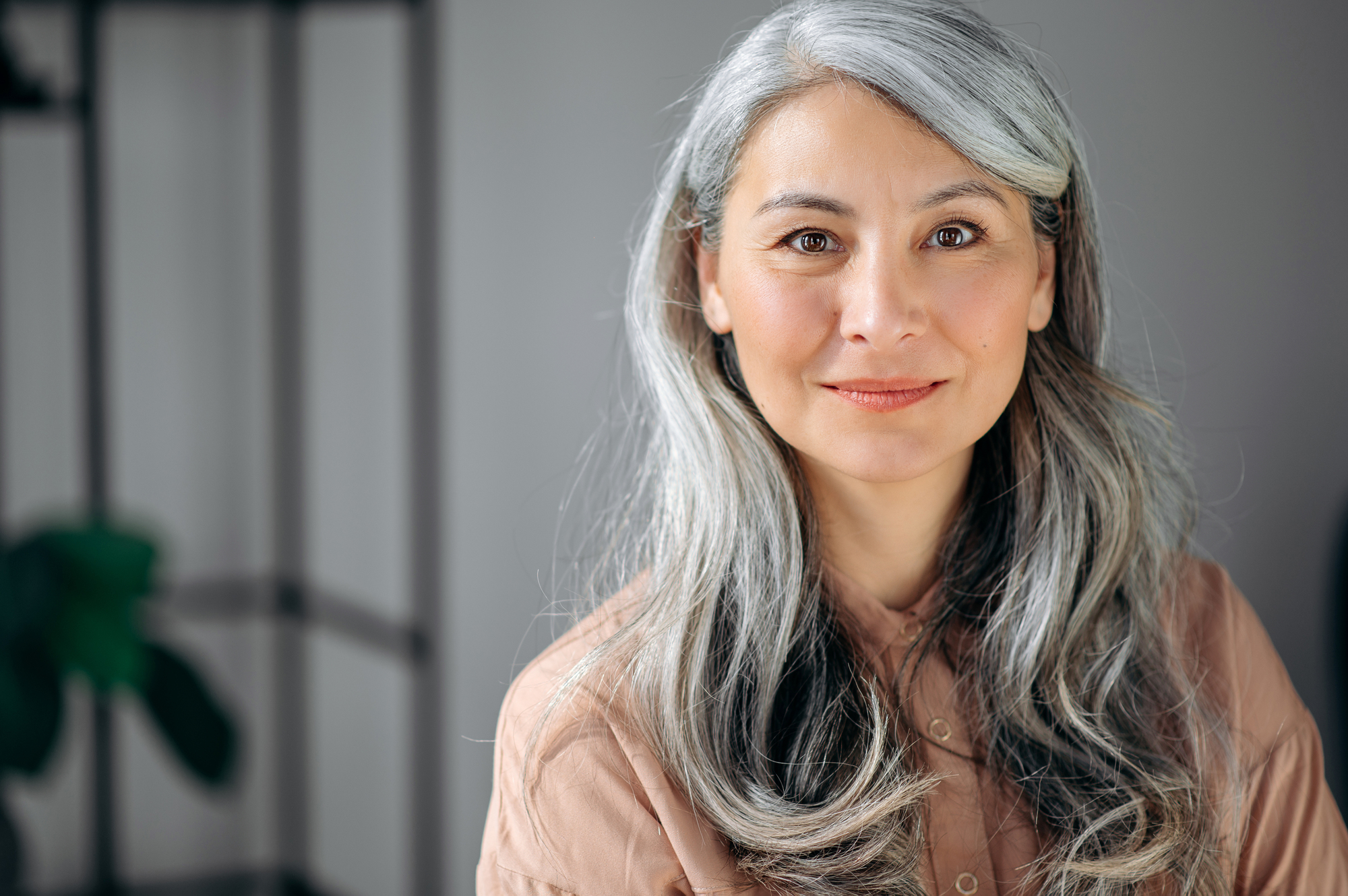 A woman with long, wavy, gray hair and a pleasant smile looks at the camera. She is wearing a light brown shirt and is positioned in a well-lit room with a blurred background featuring plants and furniture.