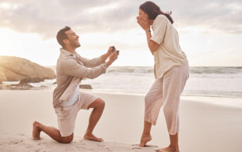 A man kneels on a sandy beach, proposing with a ring to a surprised woman who covers her mouth with her hands. The ocean and a cloudy sky are in the background, creating a romantic setting. Both are casually dressed in light-colored clothing.