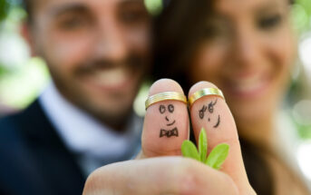 Close-up of two fingers with drawn-on smiling faces, each wearing a gold ring. In the background, a bride and groom slightly out of focus, smiling. The groom's finger has a bow tie drawn on it, while the bride's finger has a simple smile and eyelashes.