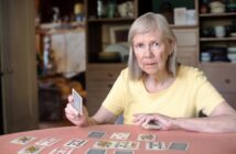 An elderly woman with gray hair and a yellow shirt is playing cards at a table. She is holding a card in her right hand, and several cards are laid out in front of her. She is sitting in a cozy room with shelves and cabinets in the background.