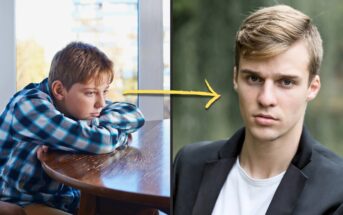 A boy in a blue plaid shirt sits at a wooden table, appearing thoughtful. An arrow points to a young man with brown hair wearing a black jacket, standing against a blurred green background. The image suggests a transformation or progression over time.