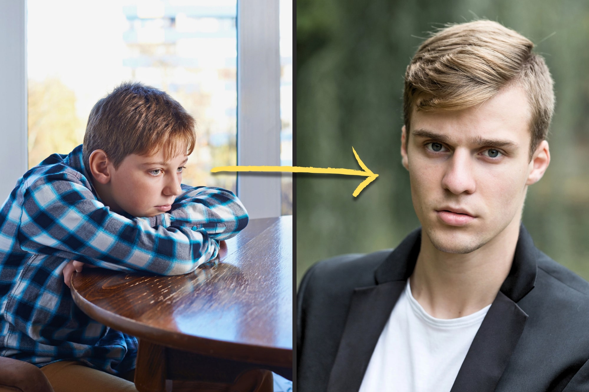 A boy in a blue plaid shirt sits at a wooden table, appearing thoughtful. An arrow points to a young man with brown hair wearing a black jacket, standing against a blurred green background. The image suggests a transformation or progression over time.